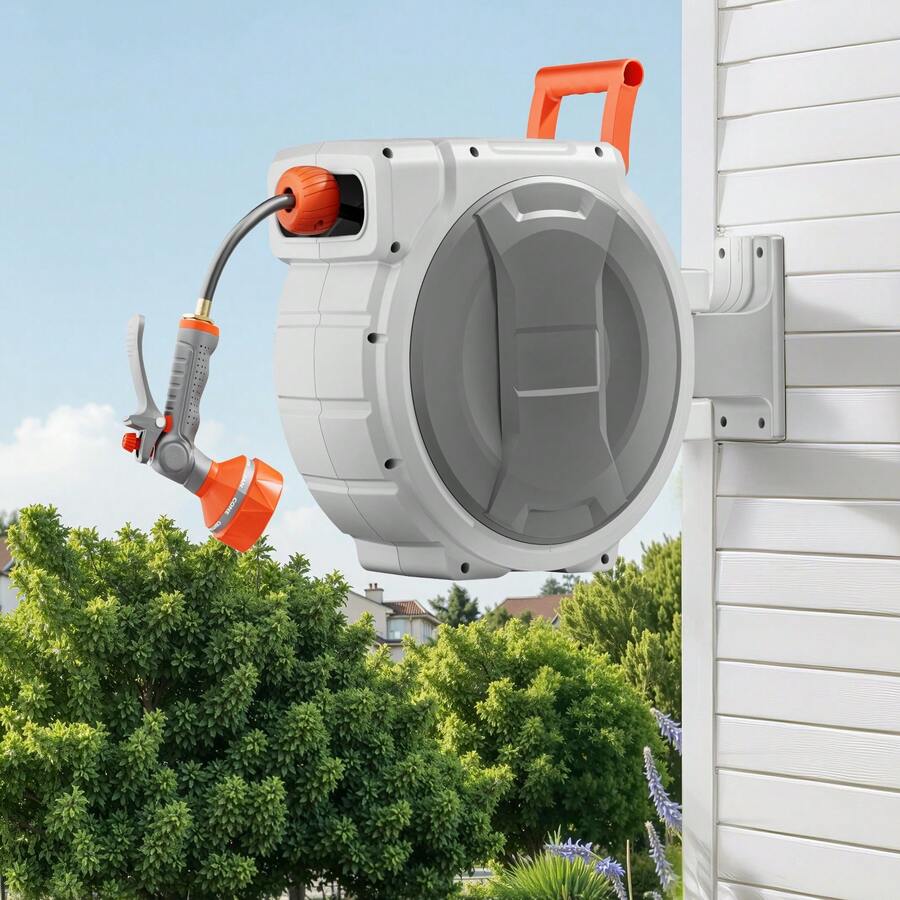 Retractable Garden Hose Reel, 1/2 Inch X 65 Ft Wall Mounted Hose Reel, Heavy Duty Garden Hose Reel With 9 Patterns Nozzle, Any Length Lock, Upgraded Slow Return System And 180°Swivel Bracket - Multicolor - View 1