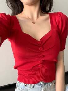 Women's Button Decor Ruched Short Sleeve Knit Top Summer Red - Red - View 1