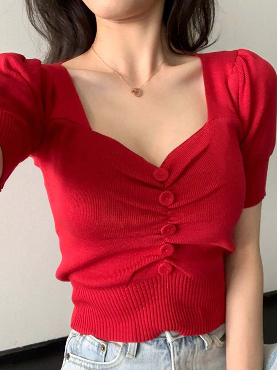 Women's Button Decor Ruched Short Sleeve Knit Top Summer Red - Red - View 1