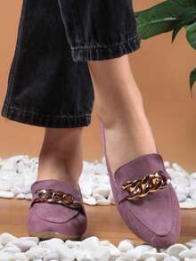 Zapatos para Mujer con Cadena Metálica Punta Cerrada Estilo Fashion Casual Oficina Ballet Flats - Terciopelo púrpura - Ver 2