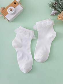 1双白色蕾丝边简约日常时尚中筒袜 - 白色 - 查看 5