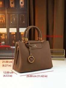 秋冬优雅女士手提包，成熟淑女托特包，棕色单肩包，通勤包，可斜挎，带铭牌吊饰 - 咖啡 - 查看 9