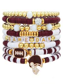 比赛日手链 女士足球手链 红黑蓝 聚合物粘土串珠弹力手链 可叠戴 运动足球手链 手镯 足球妈妈配饰 服装 珠宝礼品