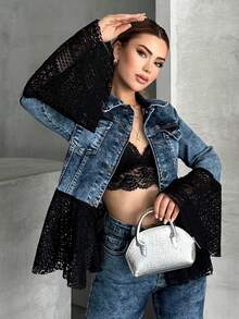 Women's Casual Pocket Front Button Thin Patchwork Jean Jacket, College Style - Blue - View 2