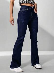 Pantalones vaqueros de tiro alto en azul oscuro con roturas y corte botamanga, estilo retro moderno, versátiles para looks casuales - Azul lavado oscuro - Ver 3