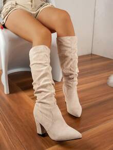 弹力针织尖头高跟长靴，新款秋季高跟度假风女靴，褶皱设计，拉长腿部线条，适合音乐节穿着，百搭切尔西靴，舒适布靴 - 卡其色 - 查看 3