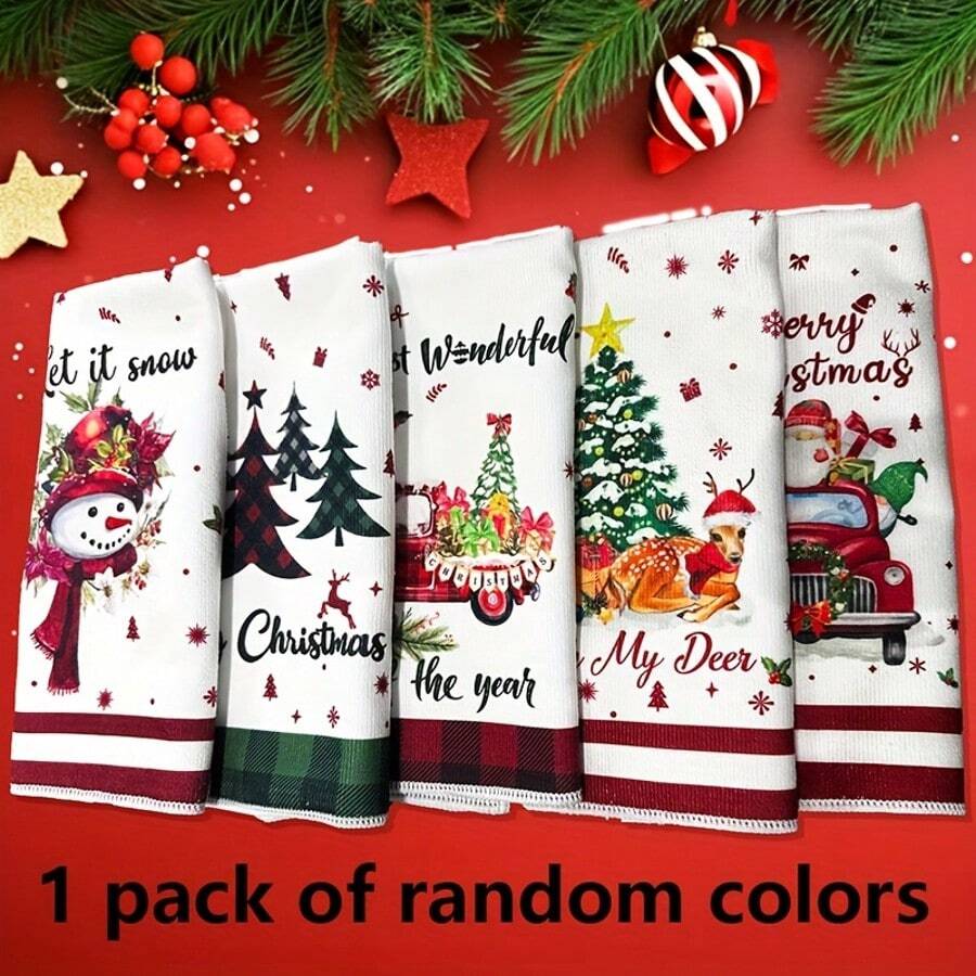 1pc Random Christmas Decorative Kitchen Towel, Featuring Fun & Ultra-Soft Microfiber Christmas Towel - Festive Cartoon Patterns With Snowflakes And Trees, High Absorbency, Suitable For Bathroom, Perfect For Christmas Decoration Shower Towels For Beauty Salon, Hotel Sports,Home Essentials, Towel, Skin Care