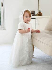 Infant/Baby Girl White Lace Tulle Dress, Long Baptism/Wedding/Birthday Party Dress - White - View 2
