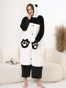 Pijama con capucha de felpa coral con decoración de orejas de panda para mujer, bata gruesa y cálida para otoño/invierno, esponjosa y acogedora - Blanco y Negro - Ver 8