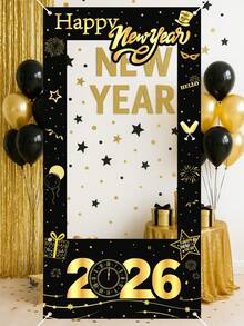 1pc 2026 New Year Theme Black & Gold Photography Backdrop, Black & Gold 2026 New Year Party Decor Prop, 2026 Happy New Year Celebration Party Hanging Banner, 2026 Happy New Year Photography Prop, New Year Gift, New Year Decoration, Theme Party Hanging Decor, Party Gift
