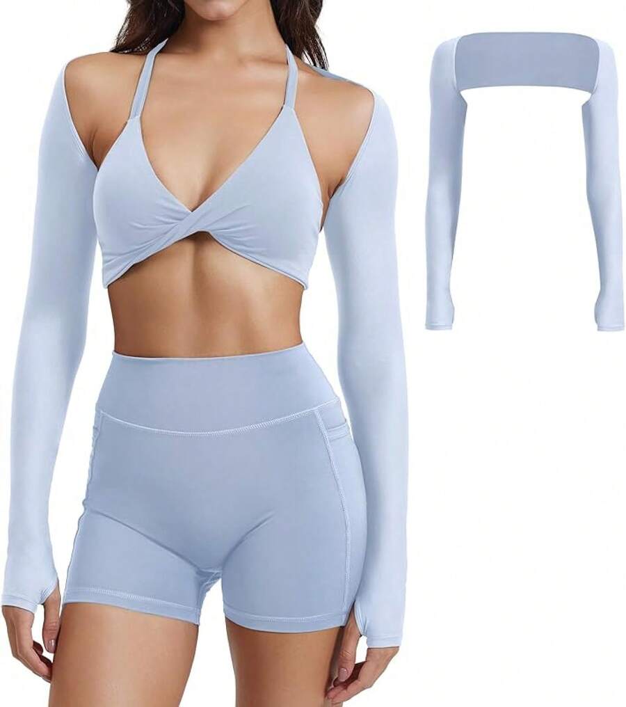 Women Crop Top Long Sleeve Bolero Open Front Workout Cropped Shirts Sports Shrug - Blue - View 1
