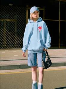 Women's Street Style Palm Tree Print Hoodie - Relaxed Fit With Palm Tree And 'positive Energy' Graphics, Surf Wave Design,  Pocket, Casual Sport Sweatshirt, Comfortable Everyday Top