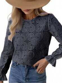 Vintage Lace Hollow Floral Round Neck Long Flared Sleeve Loose Blouse For Women  Blusas De Mujer Elegante Casual Dating Office Tops - 黑色 - 查看 3