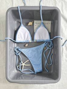 Bikinx Women's Solid Color Satin Ribbon & Shell Decor Triangle Cup Tie Bikini Set, Suitable For Summer Beach Vacation - Baby Blue - View 2