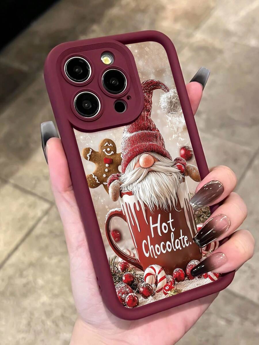 1 件个性化圣诞热可可口号图案勃艮第穿孔防摔防指纹全覆盖手机壳，兼容 16 ProMax/16/16 Pro/16 Plus/15/15 ProMax/15 Pro/11/12/13/14 ProMax/11 Pro/11 ProMax/12 Pro/12 ProMax/13 Pro/13 ProMax/14 Pro/14 ProMax/16 ProMax/16/16 Pro/16 Plus，极简创意软壳防水防震防刮