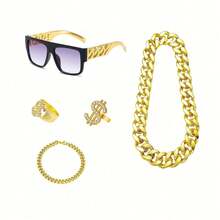 Kit de disfraz de hip hop de los años 80 y 90 para hombres, accesorios de rapero, conjunto de disfraz hippie que incluye collar con colgante de signo de dólar dorado, anillo y gafas de sol negras y doradas, accesorios de disfraz de discoteca, suministros para fiestas y Halloween - Multicolor - Ver 12