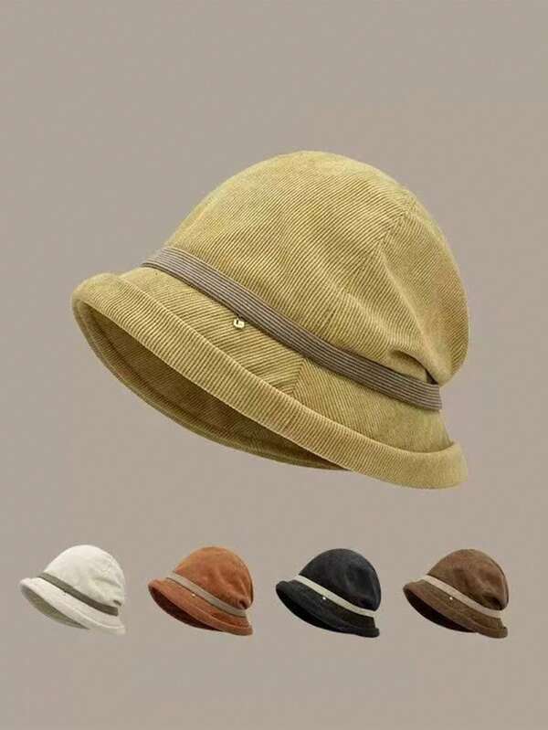 1 pieza Nuevo sombrero versátil vintage de otoño e invierno, sombrero de pescador de pana gruesa con protector de orejas cálido, sombrero de poliéster de estilo coreano casual