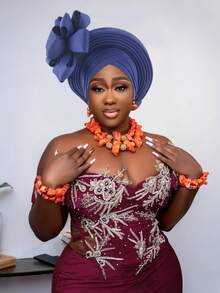 非洲传统头巾，Aso Oke 材质，镶嵌水钻，女士款，非洲头巾帽，自动 Gele 头巾，手工时尚头饰，适合婚礼、派对及其他节日佩戴，亦可作睡帽。 - 彩色 - 查看 3
