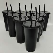 10 Pack Reusable Plastic Cups With Straw And Lids,24oz Durable Water Cup Tumblers Iced Coffee Sippy Cup Large LeakProof Water Bottle Travel Mug Party Bulk Cold For Adults Perfect For Halloween Parties Ideal Birthdays Christmas Housewarming Gifts - màu đen - Xem 3