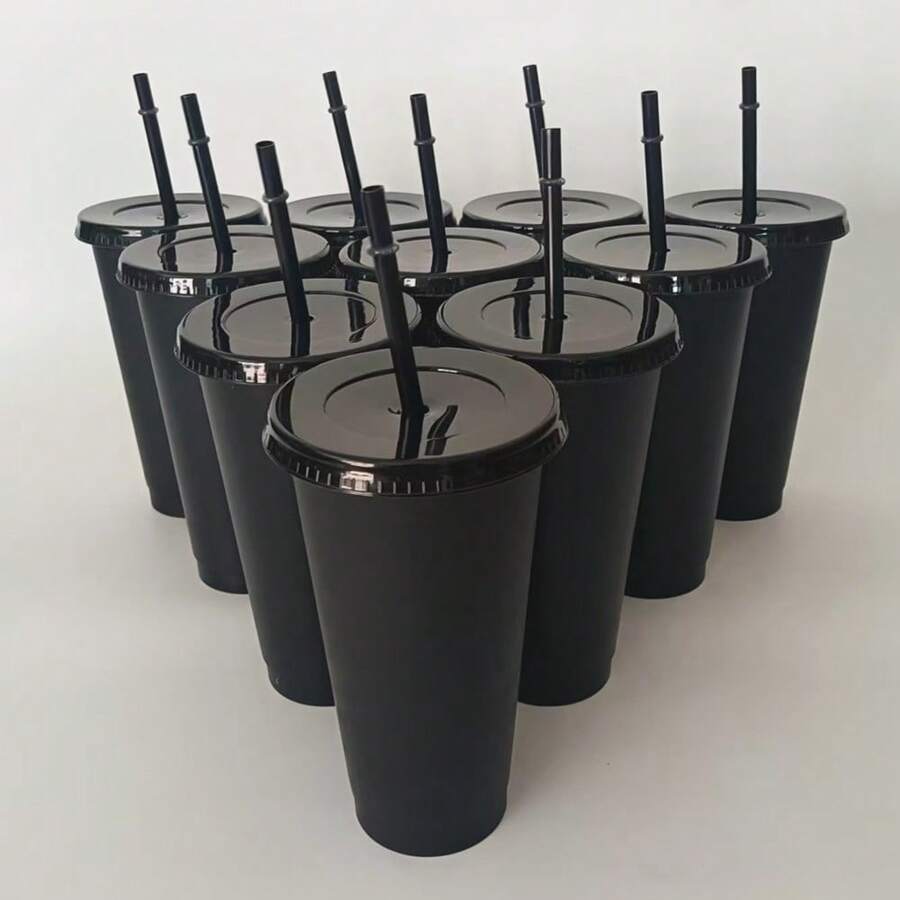 10 Pack Reusable Plastic Cups With Straw And Lids,24oz Durable Water Cup Tumblers Iced Coffee Sippy Cup Large LeakProof Water Bottle Travel Mug Party Bulk Cold For Adults Perfect For Halloween Parties Ideal Birthdays Christmas Housewarming Gifts - màu đen - Xem 1