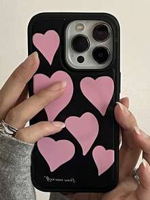 Ốp lưng điện thoại màu đen bóng hình trái tim hồng đáng yêu, tương thích với iPhone 16 15 14 13 12 11 Pro Max, viền đen thời trang, chống sốc. - yêu - Xem 4