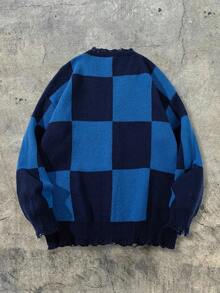 ANDREILEE Plaid V-Neck Long Sleeve Dropped Shoulder Letter Print Casual Loose Unisex Button-Up Cardigan, Suitable For Spring, Autumn, Winter - Blue - View 4