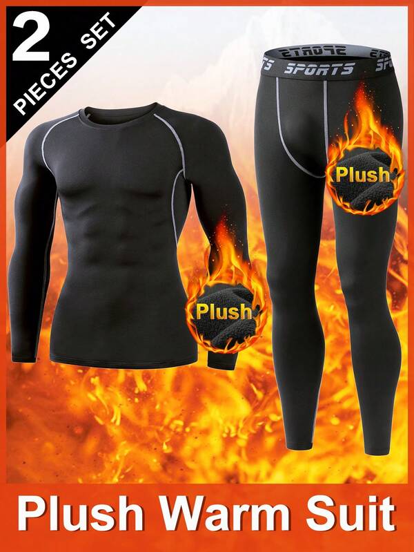 Men's Thermal Underwear Set, Black Long Sleeve Crew Neck Top And Long Pants, Fashionable Slim Fit Autumn/Winter Base Layer, Warm Compression Activewear For Sports, Fitness, Running, Cycling, Skiing In Cold Weather