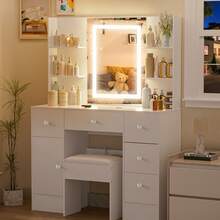 Tocador con espejo y luz LED, escritorio con 5 cajones y taburete - Perfect For Organizing Makeup, Skincare, Elegant Vanity|Decorative Vanity, Vanity Furniture, Compact For Small Space, Bedroom Decor Gift, Perfect Gift For Women Girls , Ideal para regalos de Navidad y Halloween. - Blanco - Ver 7