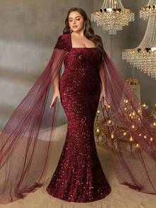 Faeriesty Curve Plus Square Neck Extra-Long Sleeve Sequin Formal Dress -Perfect For Red Carpet Galas, Black-Tie Weddings, Award Ceremonies, Charity Balls, And Luxury Fashion Events - Burgundy - View 3