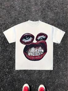 Camiseta Gráfica de Mujer Pesada de 220g Estilo Y2K - Estampado de Labios y Lengua Atrevido, Ajuste Holgado Casual, Cuello Redondo Manga Corta Verano, Lavable a Máquina, Ideal para Regalo, Camisetas para Damas - Blanco - Ver 1