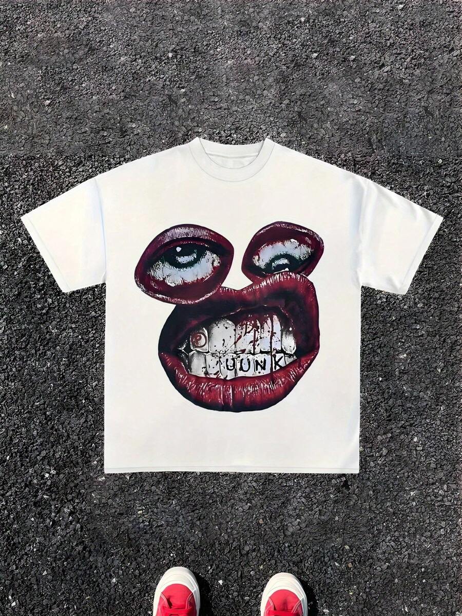 Camiseta Gráfica de Mujer Pesada de 220g Estilo Y2K - Estampado de Labios y Lengua Atrevido, Ajuste Holgado Casual, Cuello Redondo Manga Corta Verano, Lavable a Máquina, Ideal para Regalo, Camisetas para Damas - Blanco - Ver 1