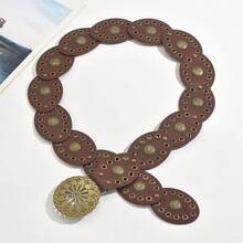 1pc Western Cowboy Bohemian Style Country Belt, Women's Fashion Accessory, Retro Bronze Floral Hollow Buckle Oval Belt Waist Chain, Bohemian Style Belt And Dress Accessory Halloween Valentine's Day Valentines - 棕色 2 - 查看 4