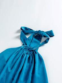 大码女士O型环交叉露背长款沙滩连衣裙，适合派对穿着，夏季 - 藍色 - 查看 4