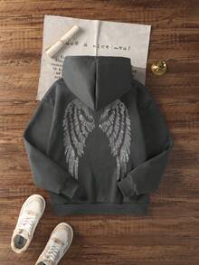 Women's Casual Graphic Print Loose Fit Thermal Lined Hoodie Sweatshirt, Long Sleeve, Winter - Dark Grey - View 3