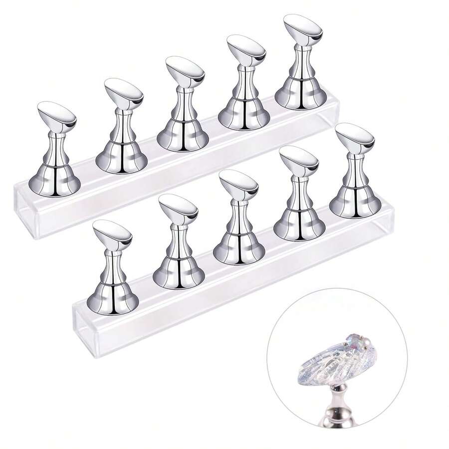 2 Sets Nail Display Stands, Nail Display Stand Painting Nails Nail Magnetic Practice Stand, Nail Polish Practice Nail Art Kit Beginners, Home And Nail Salon Use (Silver) - 銀色 - 查看 1