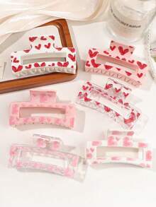 4件套情人节粉色爱心热转印发爪，简约方形发爪，甜美可爱街头风，适合日常佩戴、休闲旅行、送给女朋友的礼物，秋季发饰发夹，时尚发夹，秋季时尚发爪花朵发夹 - 彩色 - 查看 4