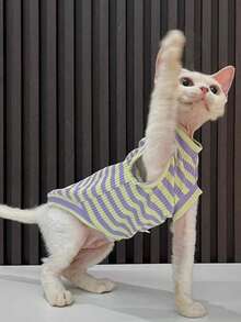 Neon Yellow & Purple Striped Stretchy Sleeveless Top, Lightweight Summer Wear For Sphynx Cats - Violet Purple - View 10