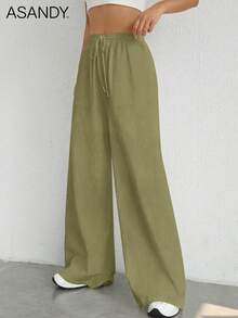 2pcs Set Casual Palazzo Pants, Loose & Slimming Solid Color Drawstring Waist Wide Leg Trousers - White+Green - View 5