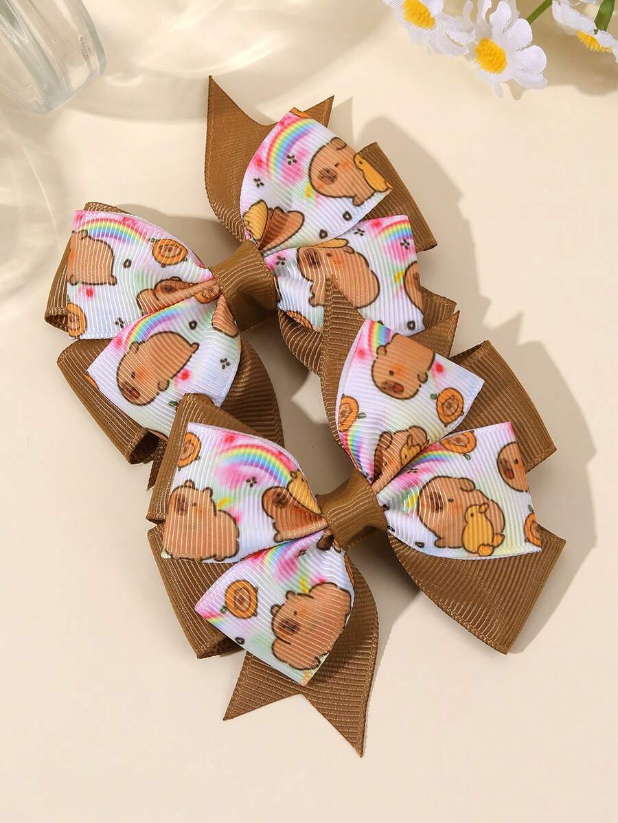 2 chiếc nơ cài tóc hình con chuột lang nước màu nâu cho bé gái, kẹp tóc nơ in hình con chuột lang nước dễ thương, kẹp tóc nơ ruy băng grosgrain màu nâu, phụ kiện đội đầu cho tiệc sinh nhật ngày lễ, phụ kiện tóc cho bé - Nhiều màu - Xem 1