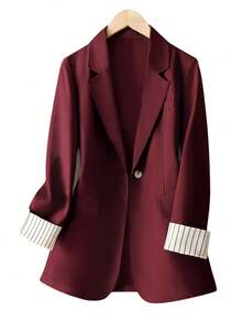 女式袖口条纹拼布单扣常规西装外套 - 紅色 - 查看 3