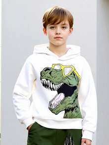 2 件套男童眼镜和恐龙印花连帽衫和爪子字母图案裤子休闲舒适街头服饰，春秋季 - 綠色 - 查看 4