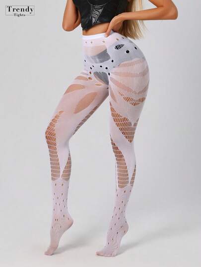 [DazzleLegs]1件装曲线紧身裤高弹力渔网打底裤，朋克哥特复古女士连裤袜，时尚性感镂空复古白色长筒袜，适合万圣节、圣诞节、Y2K服装