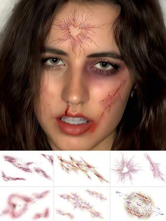 6张瘀伤纹身万圣节成人临时纹身，逼真疤痕纹身，适合万圣节服装配饰恶作剧化妆角色扮演节日派对