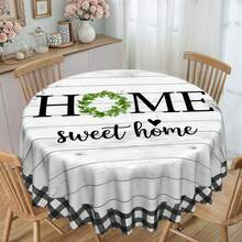 1 pièce Nappe de style vintage Maison douce maison, grain de bois noir et blanc à carreaux, style campagnard, en tissu de polyester, avec bordure en dentelle, rectangulaire et ronde, de tailles variées, convient pour l'intérieur et l'extérieur, décoration de cuisine et de salle à manger de style campagnard, cadeau de fête, nappe de ménage lavable en machine et durable