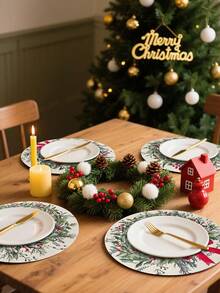 4Pcs Vintage Christmas Round Linen Placemats,Merry Christmas Dining Table Mats With Xmas Musical Symbols, Berry Green Leaf & Red Bow Wreath Design,Western Meal Table Pad,Christmas Party Decor,Christmas Decorations For Home,Xmas Decor,Kitchen Decor,Tabletop Decor,Holiday Party Supplies,Coffee Table Decor,Restaurant Supplies,Winter Decorations,New Year Party Supplies