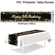 1pc 18 21 30 40 50 60 Years Old Happy Birthday Polyester Table Runner, 1pc Black & Gold Glitter Tablecloth, Birthday Party Decorations & 30 40 50 Anniversary Retirement Party Supplies, Suitable For Holiday Restaurant And Kitchen Decor, Also Can Be Used For Outdoor Theme Parties