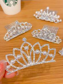1 pieza Peine de cabello de corona de aleación de tamaño mediano, accesorio de cabello con rhinestones para niñas, decoración de cabello para fiesta de cumpleaños - Plateado - Ver 3