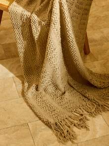 Cirelle 带流苏的舒适针织盖毯 - 柔软、轻盈、温暖 - 非常适合沙发、床和旅行 - 卡其色和奶油色农舍风格 - 卡其色 - 查看 3
