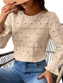 Vintage Lace Hollow Floral Round Neck Long Flared Sleeve Loose Blouse For Women  Blusas De Mujer Elegante Casual Dating Office Tops - Màu be - Xem 1