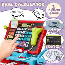 Juego de caja registradora de juguete con calculadora real, juego de tienda de juego, incluye escáner/tarjeta de crédito/dinero de juguete/juguetes de comida, juguetes de aprendizaje, regalos, para Halloween/Navidad